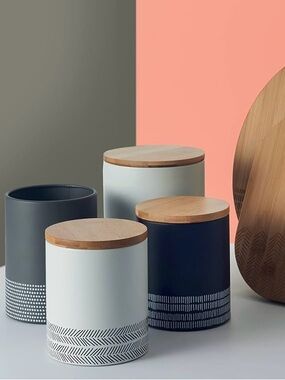 Set of Four Tin Canisters with Bamboo Lids - Neutral and Black